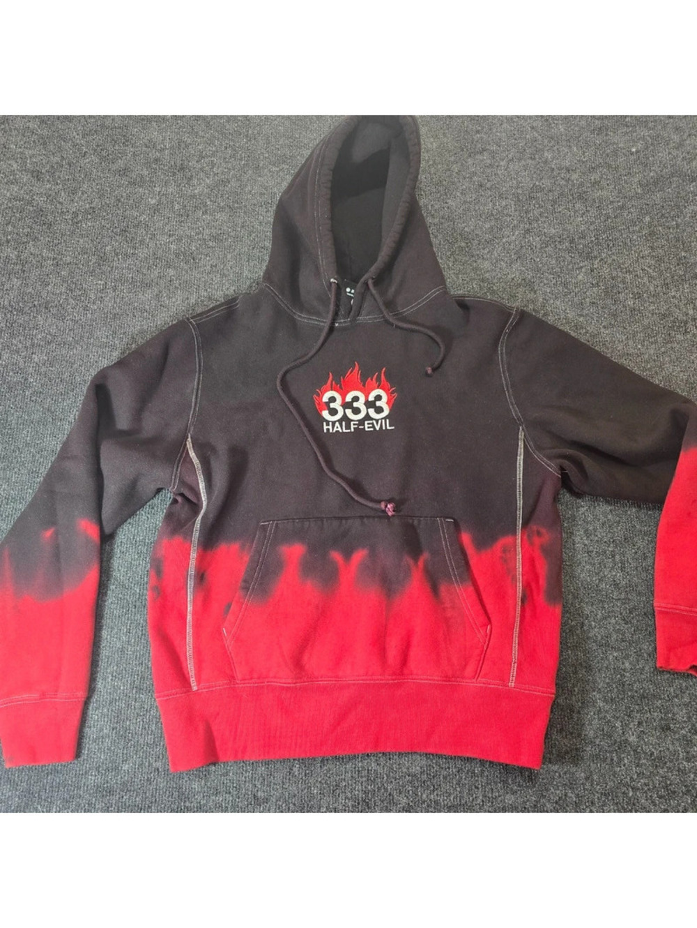 333 Half Evil Embroidered Flame Gradient Hoodie Black Red – Size M